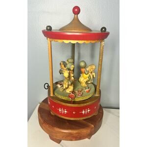 Vintage Thorens Swiss Carousel Music Box Spinning Wheel Wooden Horses